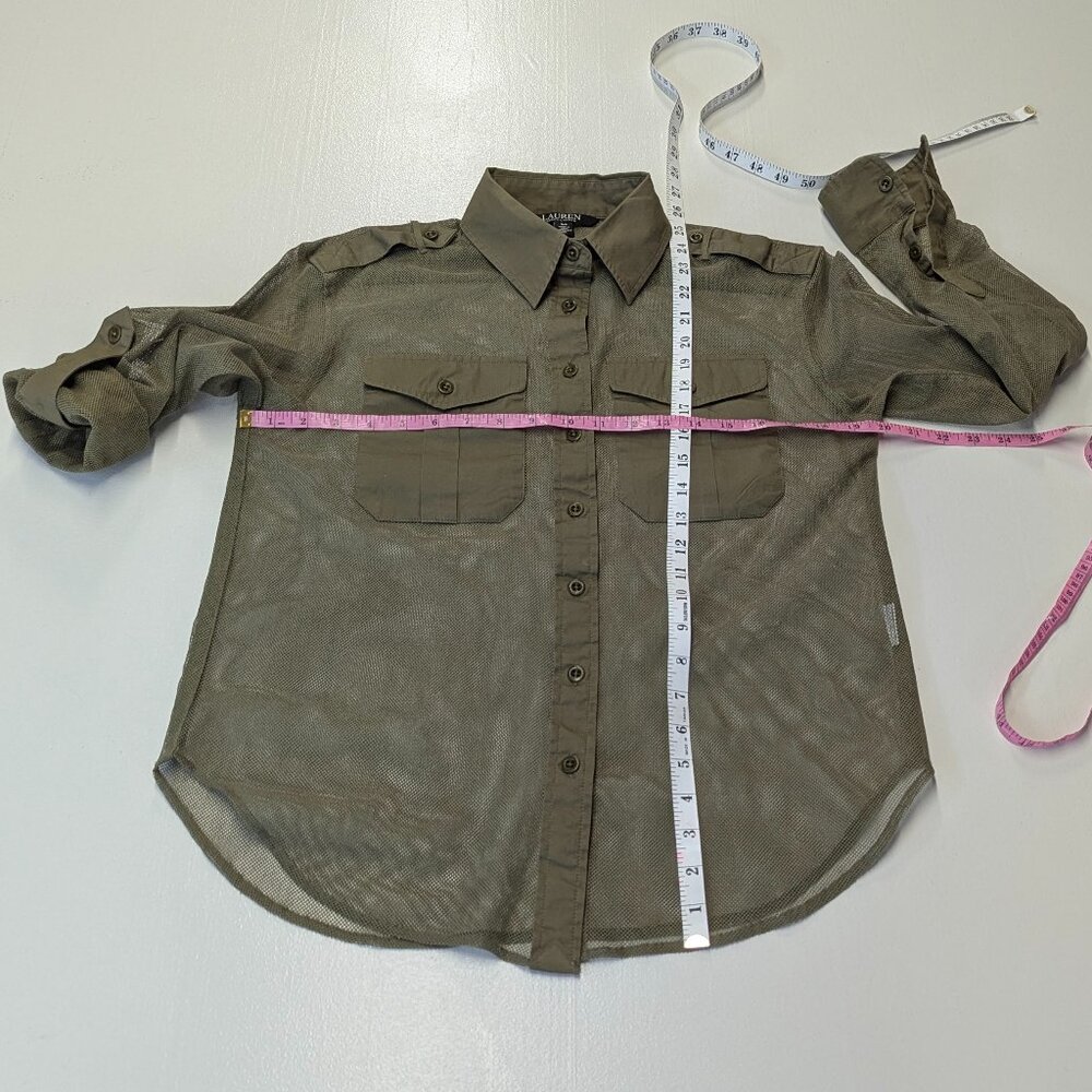 Ralph Lauren Size Small Army Green Sheer Netted Button Down Blouse - Picture 11 of 12